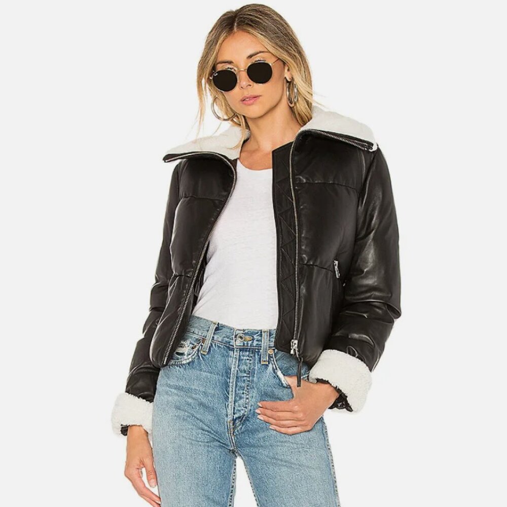 Mackage Cropped Black Cammi Down Filled Leather Puffer